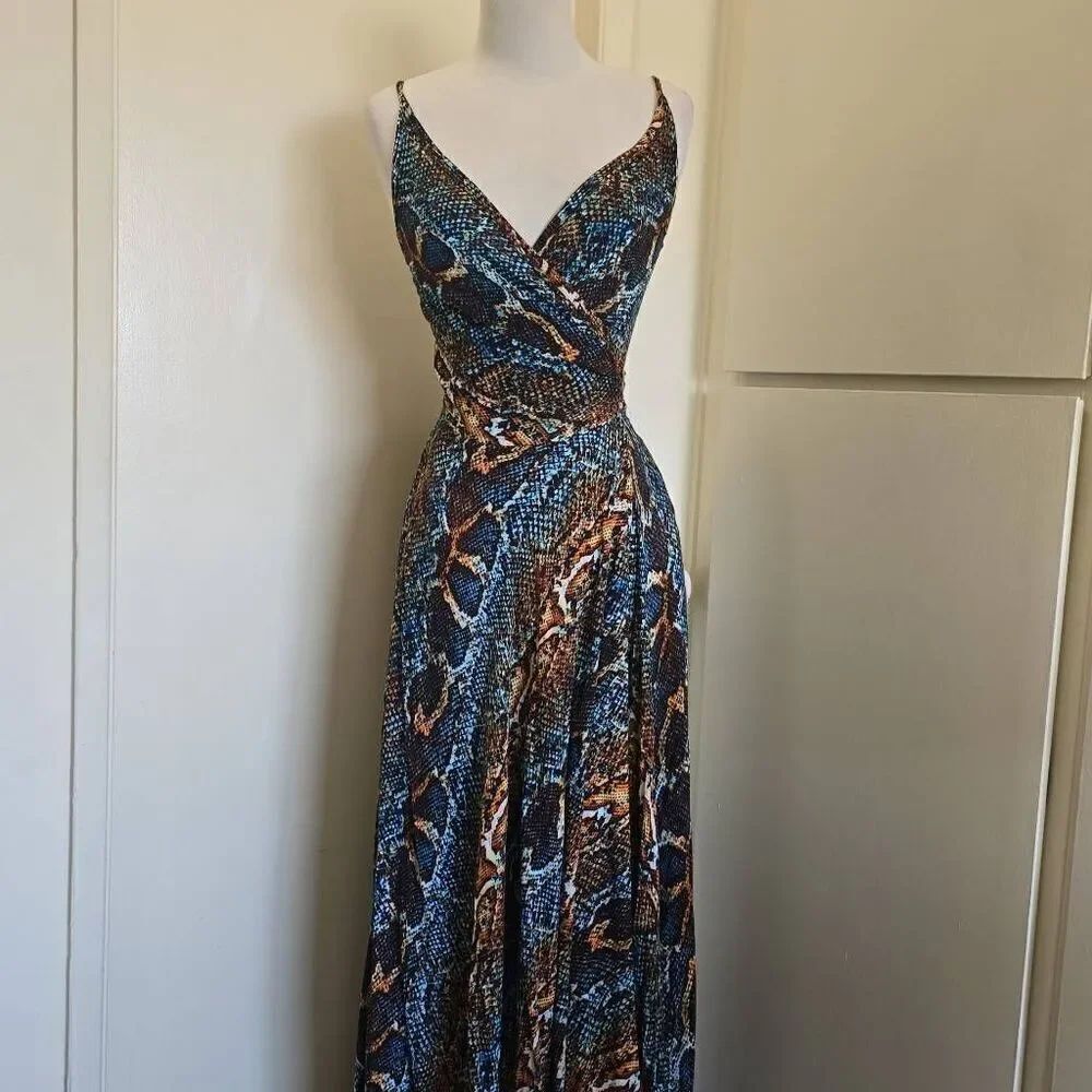 Casonna Snake Print Wrap Maxi Dress in Blues/Brns Rayon woven, pockets, EUC, S